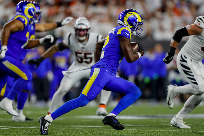 Los Angeles Rams wide receiver Van Jefferson (12) runs with the ball against the Cincinnati Bengals in the first half at Paycor Stadium.